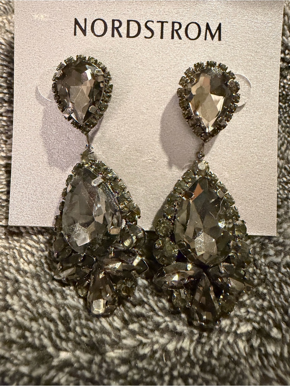 NWT - Nordstrom Crystal Teardrop Chandelier Earrings - Smoky Gray